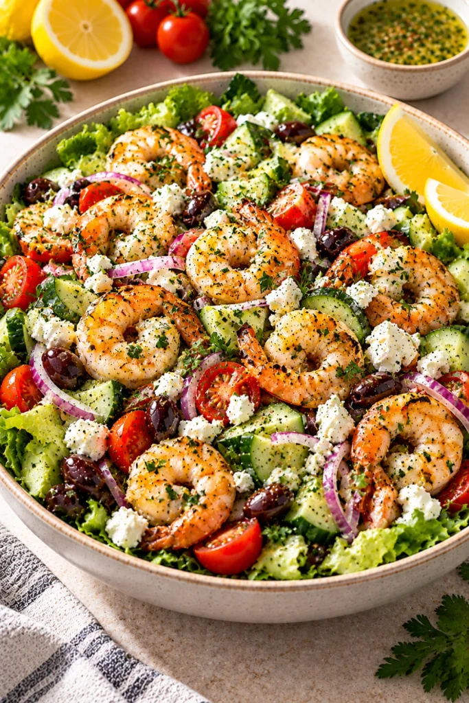 High protein shrimp Greek salad with succulent shrimp, romaine, cucumber, tomatoes, red onion, olives, feta, parsley, and lemon-herb dressing.