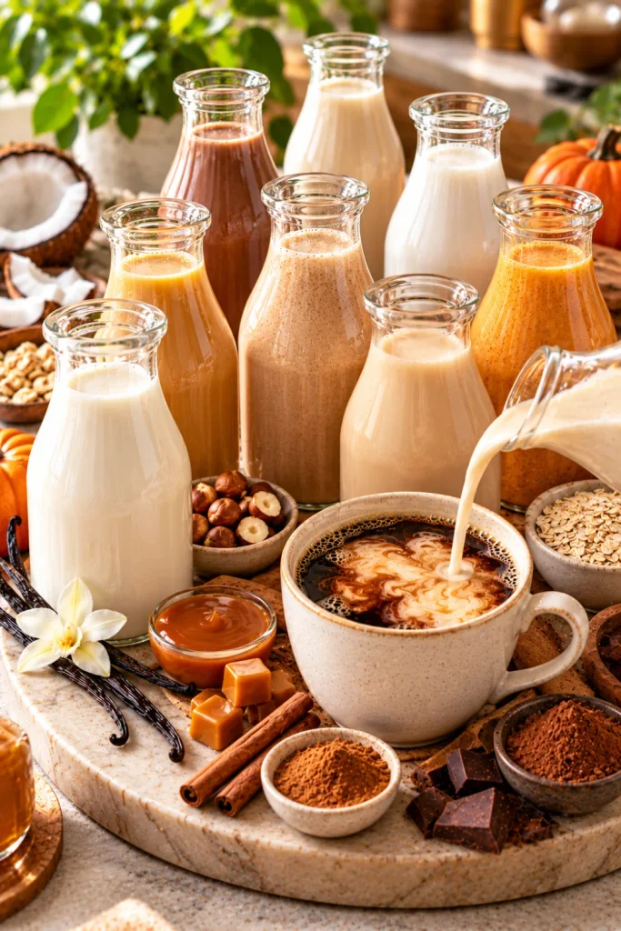 Homemade coffee creamer flavor collection featuring vanilla, caramel, cinnamon, oat milk, coconut, hazelnut, chocolate, healthy, and pumpkin spice creamers beside freshly brewed coffee.