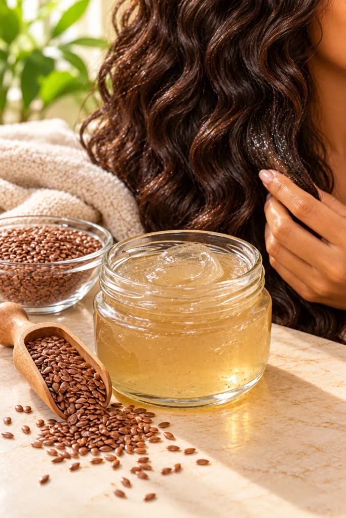 Homemade flaxseed gel for frizzy and wavy hair in a clear glass jar with whole flaxseeds and beautifully defined natural waves.