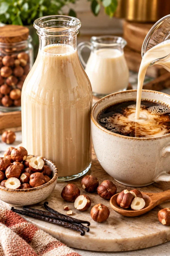 Homemade hazelnut coffee creamer poured into rich coffee with roasted hazelnuts in a modern 2026 coffee setup for an easy coffee creamer recipe.