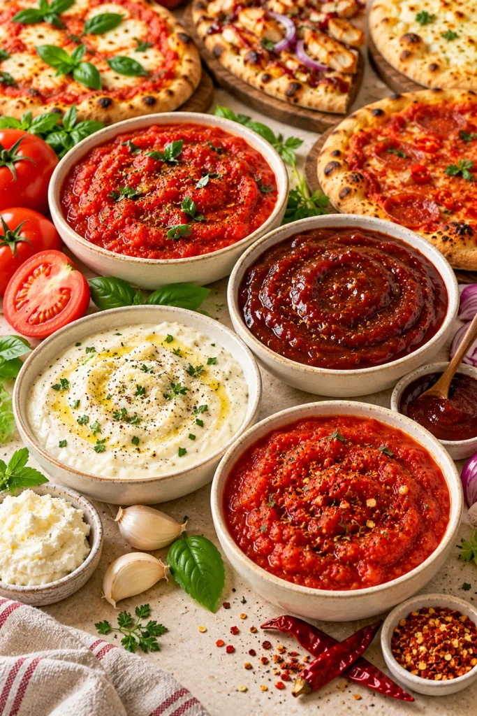 Homemade pizza sauce variations featuring classic Margherita tomato sauce, smoky barbecue pizza sauce, creamy garlic white sauce, and spicy chili tomato sauce for different homemade pizza styles.