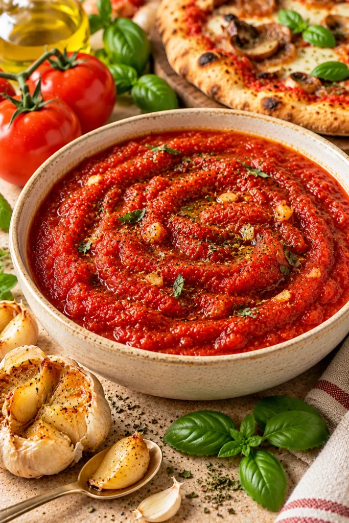 Homemade roasted garlic pizza sauce with crushed tomatoes, sweet roasted garlic cloves, olive oil, oregano, and basil for flavorful crispy-crust pizza.