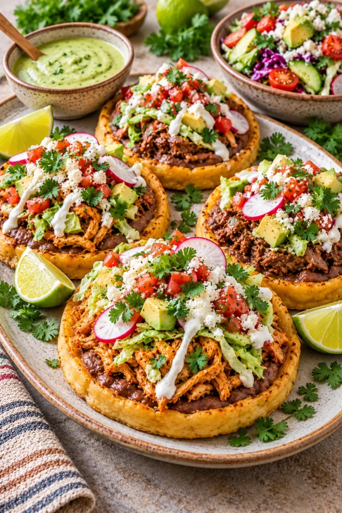 Close-up of homemade Mexican sopes topped with refried beans, seasoned chicken, lettuce, avocado, salsa, crema and cheese in a colorful, modern food presentation.