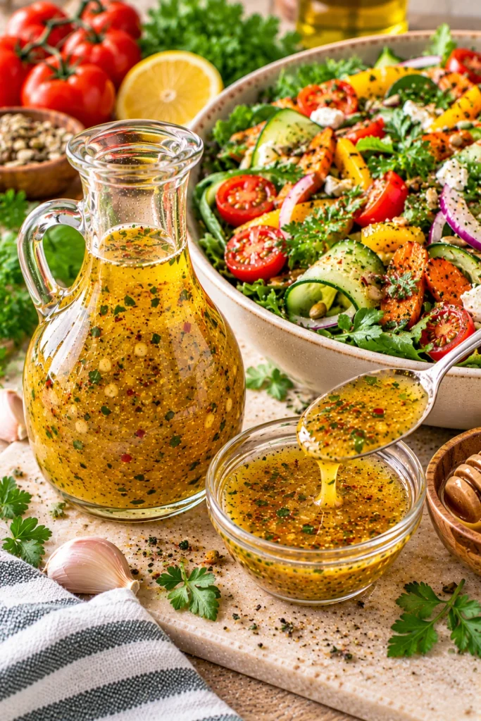 Honey Italian Herb Dressing with olive oil, lemon, vinegar, garlic, basil, oregano, parsley, and honey served beside a colorful salad with greens, tomatoes, cucumber, carrots, peppers, and seeds.