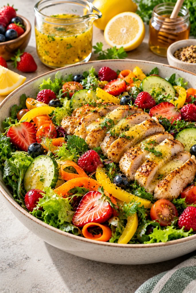 Colorful salad with spring greens, cucumber, carrot ribbons, bell pepper, cherry tomatoes, berries, grilled chicken, and honey lemon vinaigrette.