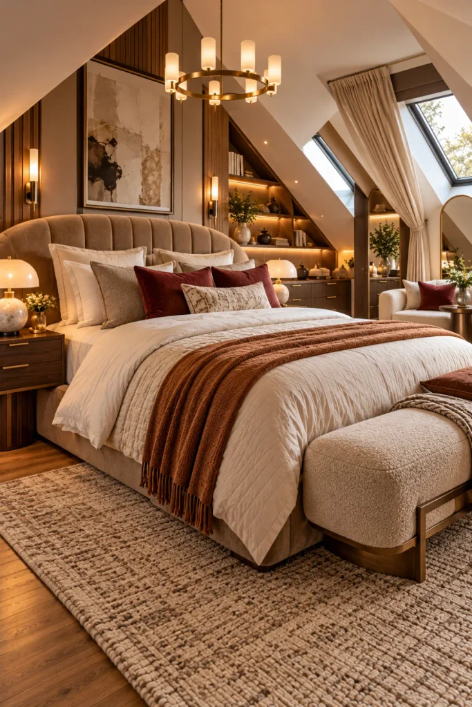 Hotel-inspired luxe attic bedroom with curved upholstered bed, layered ivory bedding, caramel throw, textured rug, walnut furniture, modern sconces, and chandelier.
