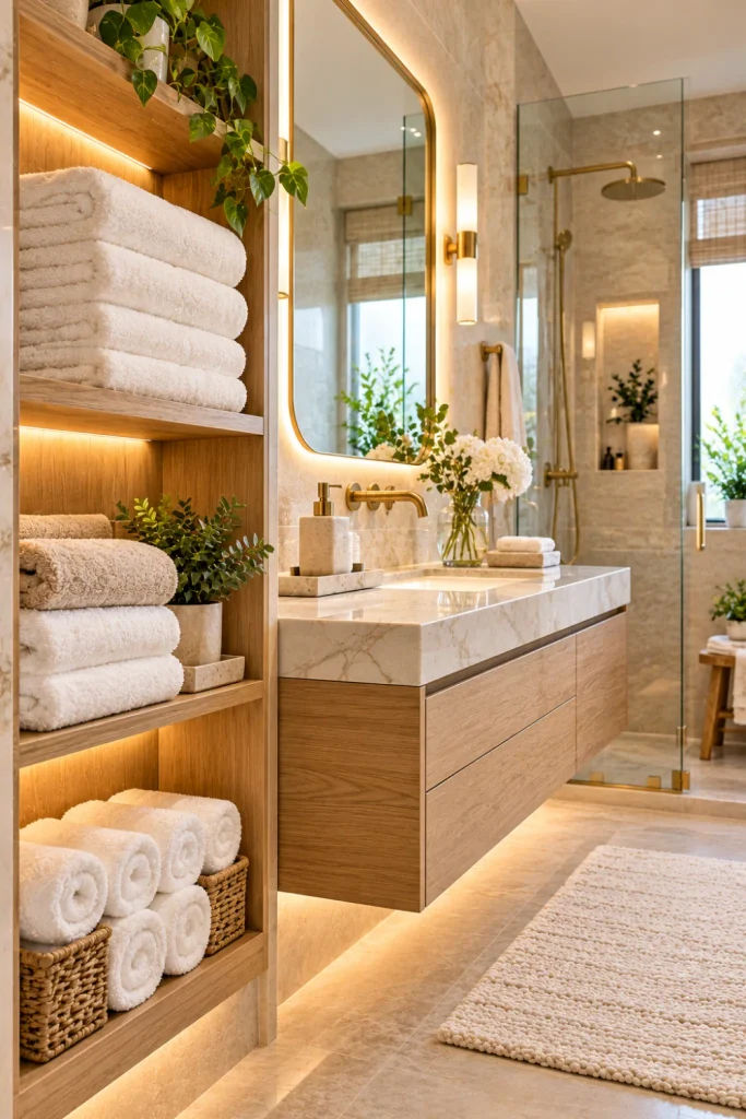 Hotel-style bathroom towel storage featuring crisp white hotel towels stacked on illuminated open shelves, a marble vanity, brushed brass fixtures, a large modern mirror, and sophisticated spa-inspired styling.