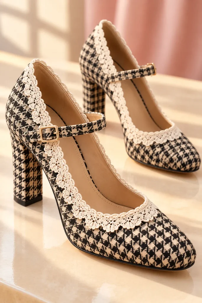 Black and cream houndstooth Mary Jane high heels with ivory scalloped lace trim, delicate buckle straps, and vintage-inspired styling.