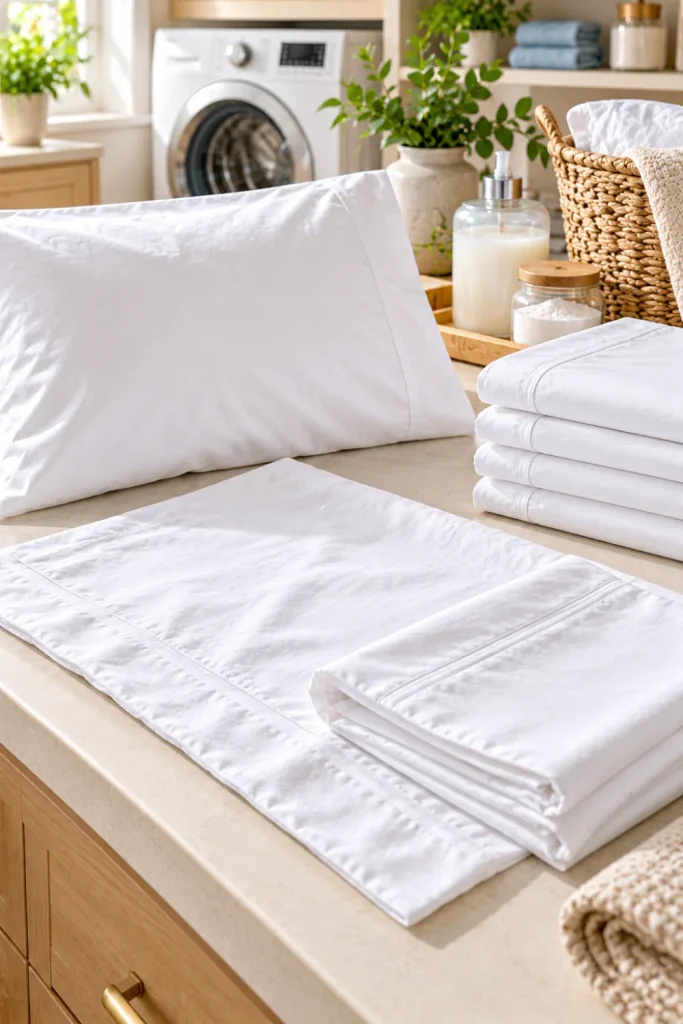How to clean and fold white pillowcases without wrinkles using smooth cotton fabric, careful folding, and an organized modern linen station.