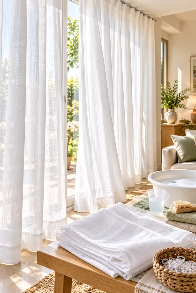 How to clean white curtains at home without damaging fabric, featuring sheer white curtains, gentle fabric-care supplies, natural window light, and a modern neutral interior.