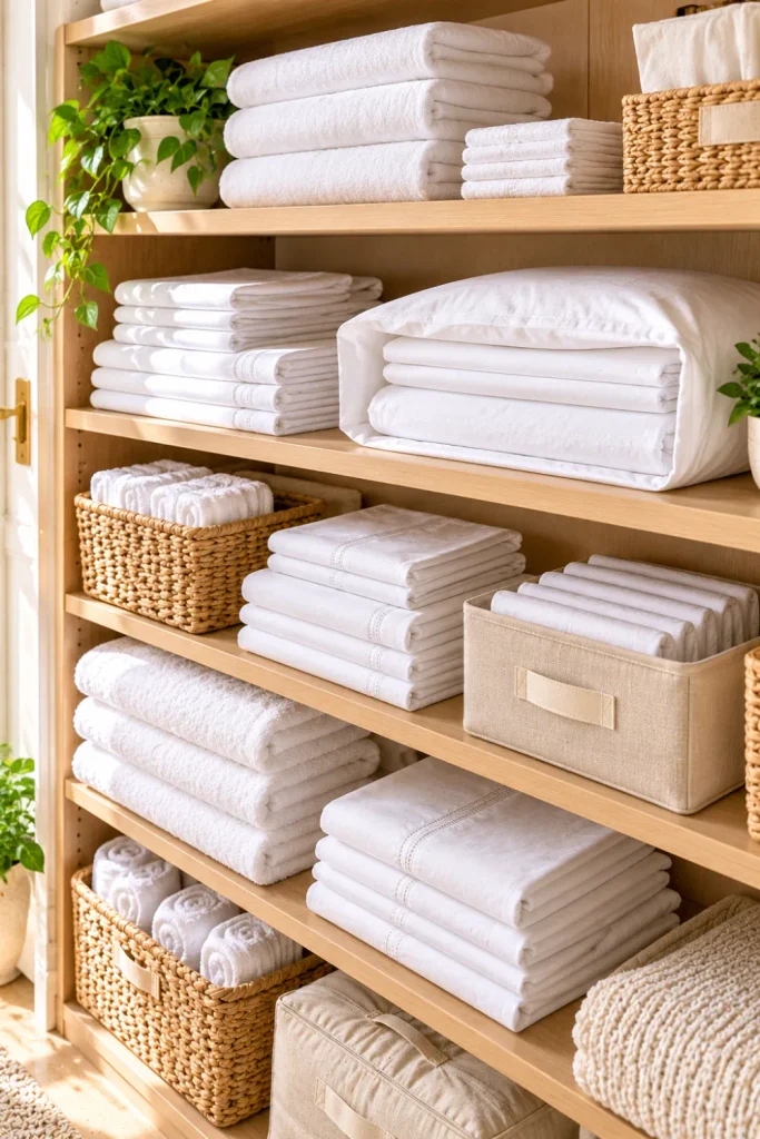 How to fold and organize white linens for a clutter-free closet with neatly stacked white sheets, matching pillowcases, folded towels, and labeled neutral storage baskets.