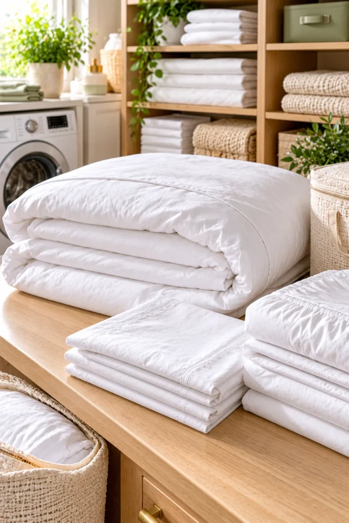 How to fold white duvet covers and store bedding neatly with compact folded white bedding, matching pillowcases, and modern linen closet organization.