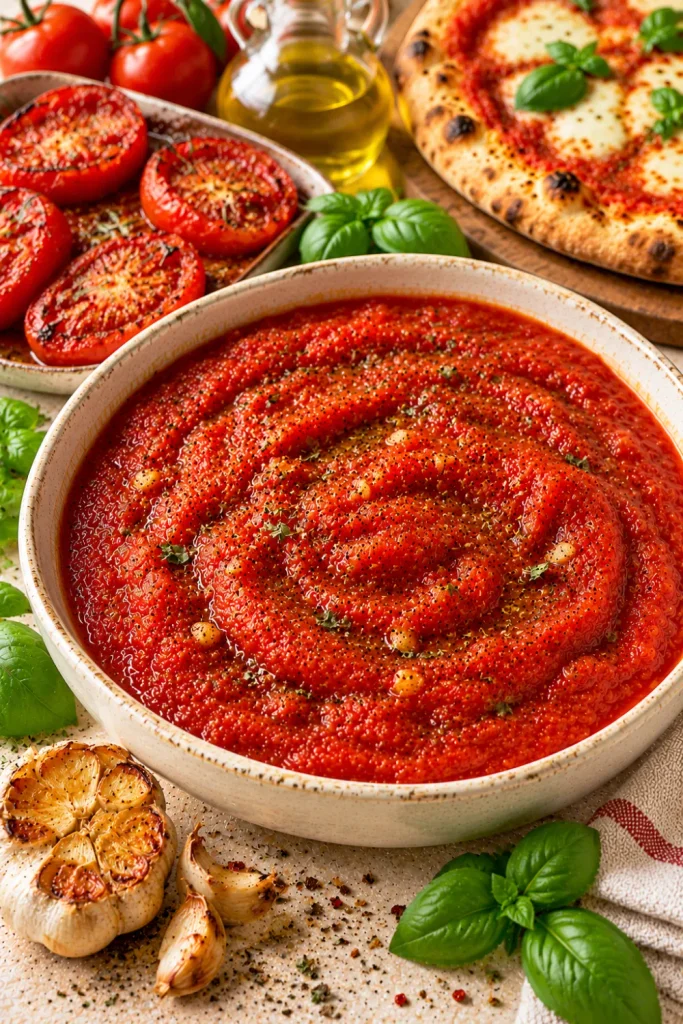 How to make pizza sauce from scratch with oven-roasted ripe tomatoes, golden roasted garlic, olive oil, oregano, and black pepper for a rich homemade pizza sauce.