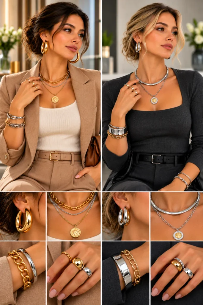 How to mix gold and silver jewelry without clashing, featuring two models wearing mixed-metal rings, layered necklaces, gold and silver bracelets, and coordinated contemporary outfits.