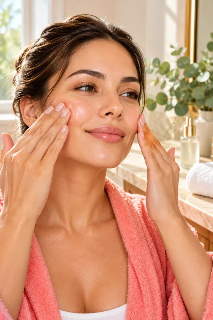 Woman performing a gentle five-minute facial massage to help reduce morning facial puffiness, using clean fingertips on her cheeks in a bright, modern bathroom.