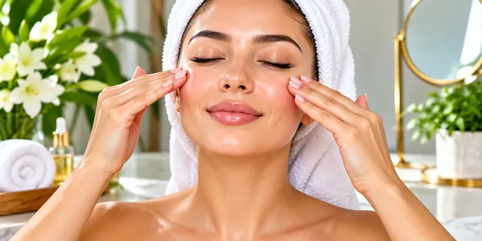 Woman gently massaging her cheeks to reduce facial puffiness with a simple facial massage routine.
