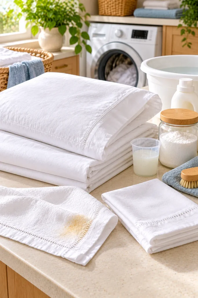 How to remove yellow stains from white linens safely using fabric-safe stain treatment, white cotton sheets, oxygen bleach, and a modern laundry station.