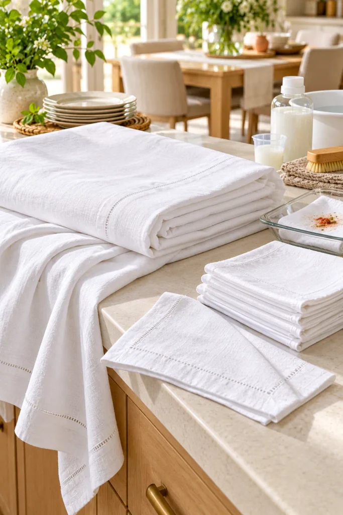 How to wash and fold white tablecloths and cloth napkins with neatly stacked white linen, stain-treatment supplies, and elegant modern dining details.