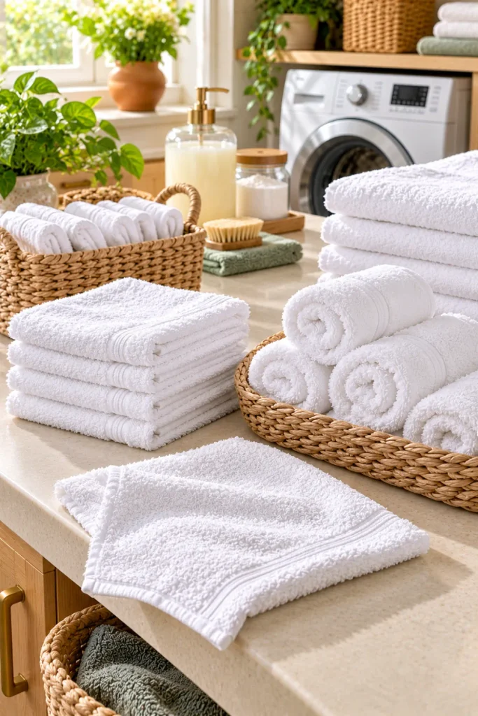 How to wash and fold white washcloths and small linens with neatly stacked cotton washcloths, rolled hand towels, and organized laundry baskets.
