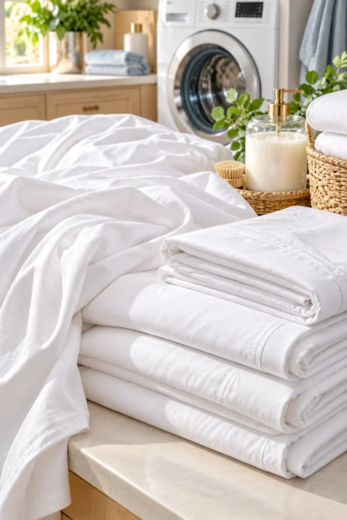 How to wash white bed sheets and keep them bright with a modern laundry routine, fresh white bedding, gentle detergent, and neatly folded sheets.