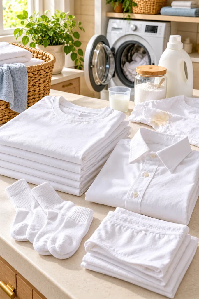 How to wash white clothes and prevent yellowing with fabric-safe detergent, white cotton garments, stain pretreatment, and a bright modern laundry room.