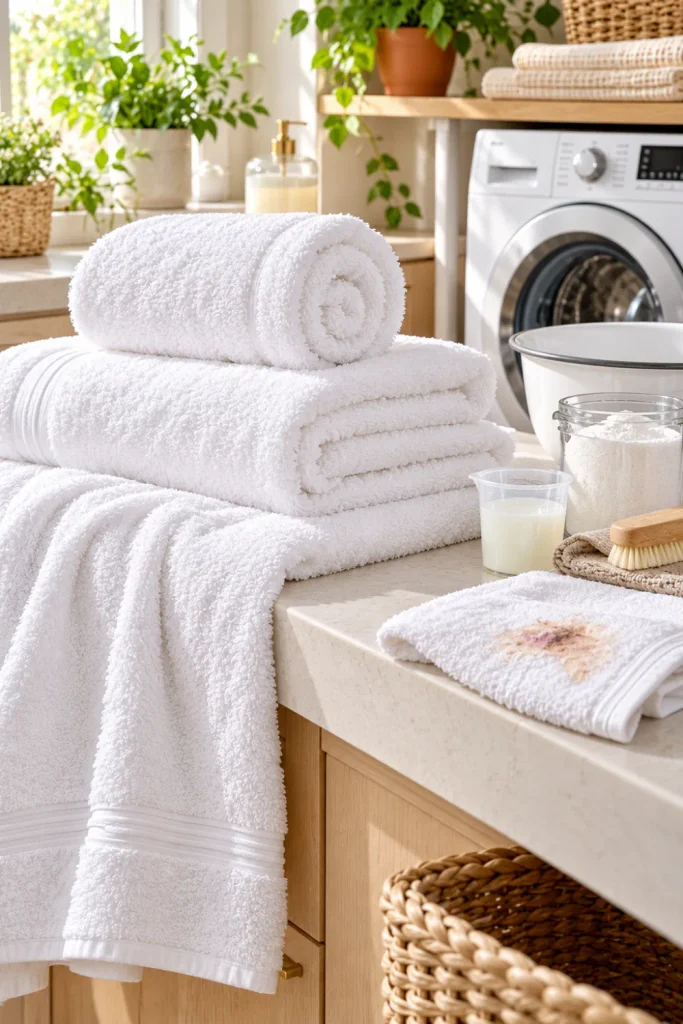 How to wash white towels and remove stubborn stains using a fabric-safe stain treatment, clean folded towels, and a modern laundry setup.