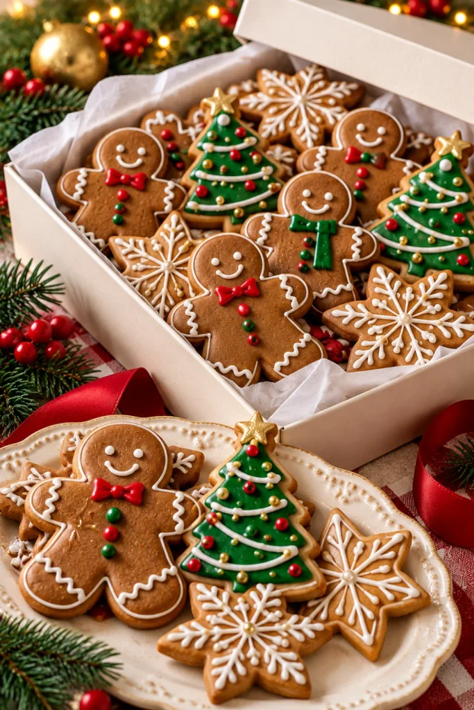 Iced gingerbread Christmas cookies shaped like gingerbread people, stars, and Christmas trees, decorated with white royal icing and arranged in a festive gift box.