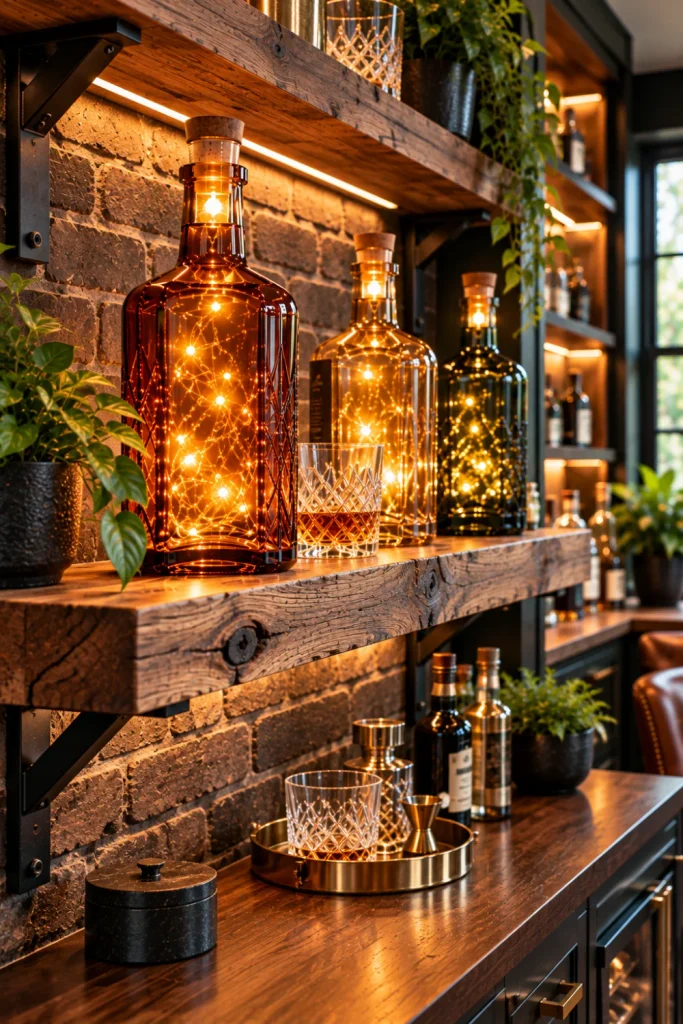 Industrial rustic whiskey bottle lights with reclaimed wood shelving, amber LED-lit bottles, black metal brackets, brick walls, and modern home bar decor.