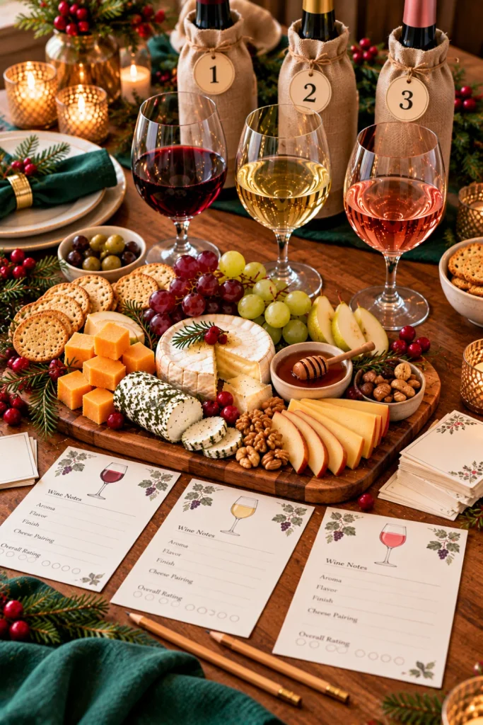 Interactive wine tasting party setup with three wine glasses, Brie, cheddar, Gouda, cheese crackers, printable tasting scorecards, pencils, and blind wine tasting accessories.