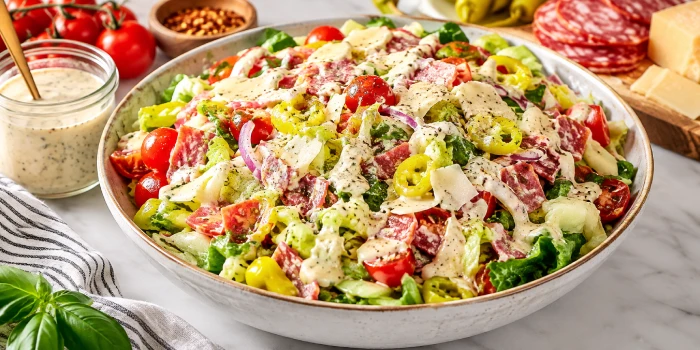 Italian Grinder Chopped Salad with creamy Italian dressing, crisp lettuce, tomatoes, salami, cheese, red onion, pepperoncini, and fresh herbs.