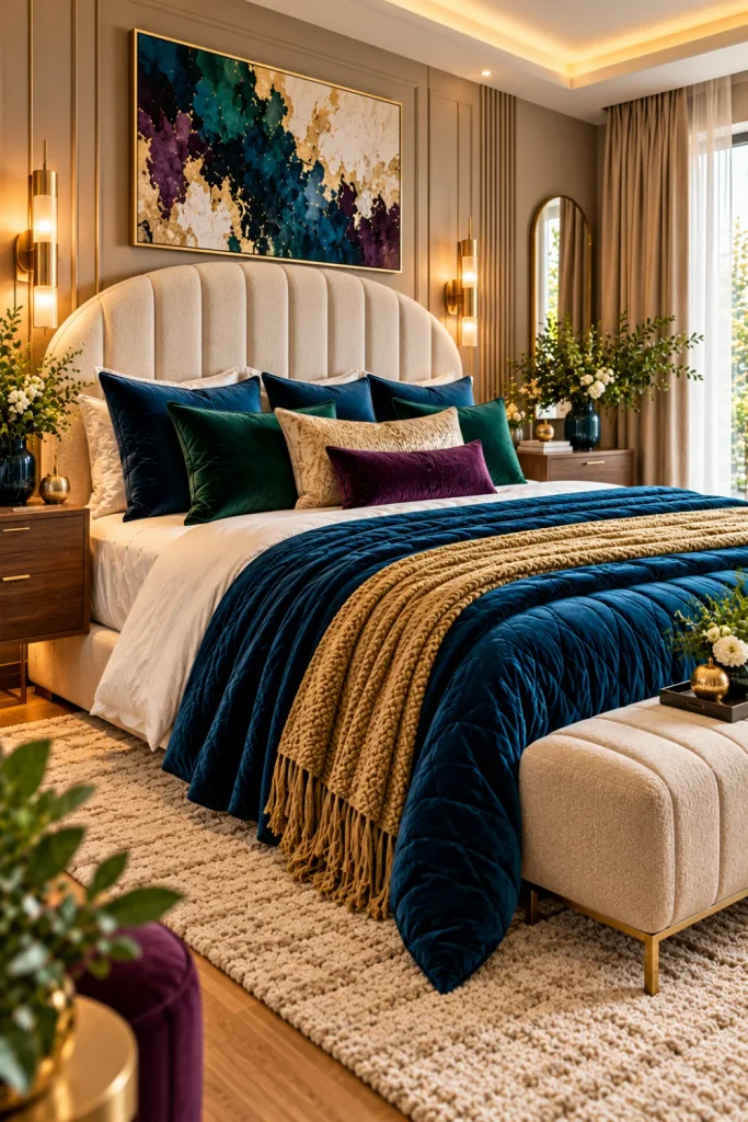 Jewel-tone bedroom ideas with bold sapphire-blue and emerald bedding, luxurious velvet cushions, an upholstered headboard, elegant brass lighting, natural wood furniture, and sophisticated neutral decor.
