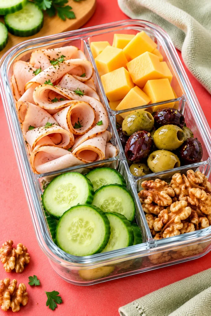 Keto charcuterie snack box with folded turkey slices, Gouda cheese cubes, olives, cucumber rounds, and walnuts for easy low-carb meal prep.