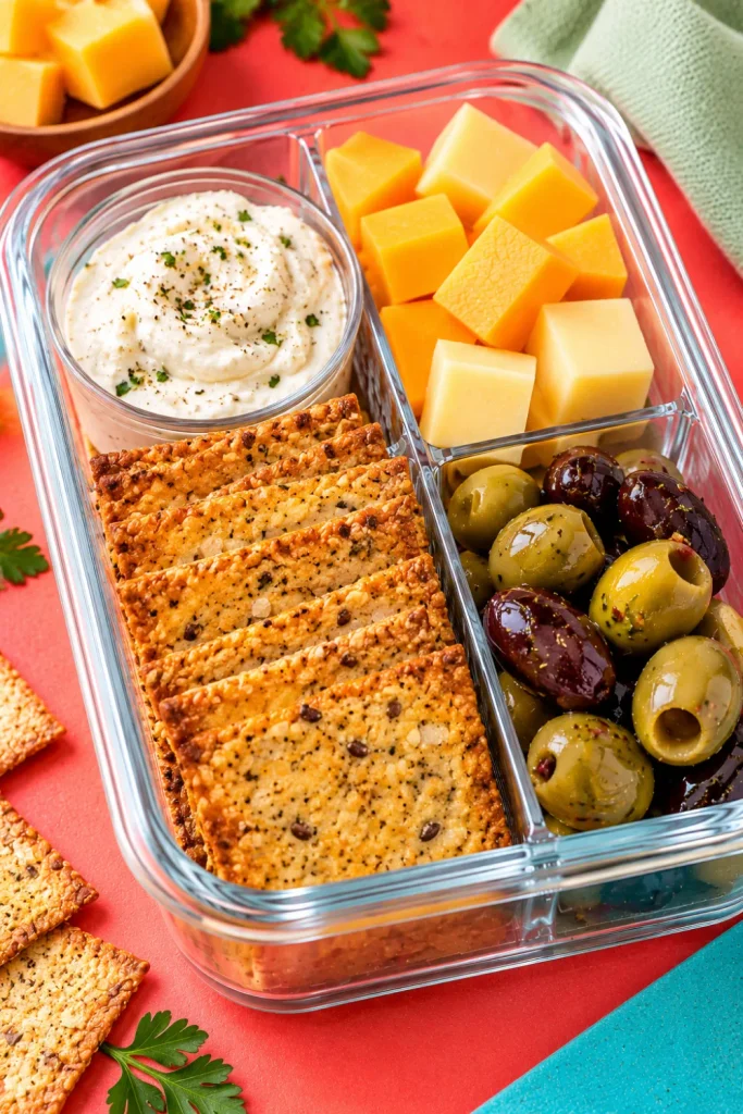 Keto crackers and cheese snack box with low-carb crackers, cheddar and Gouda cheese cubes, cream cheese dip, and olives for easy meal prep.