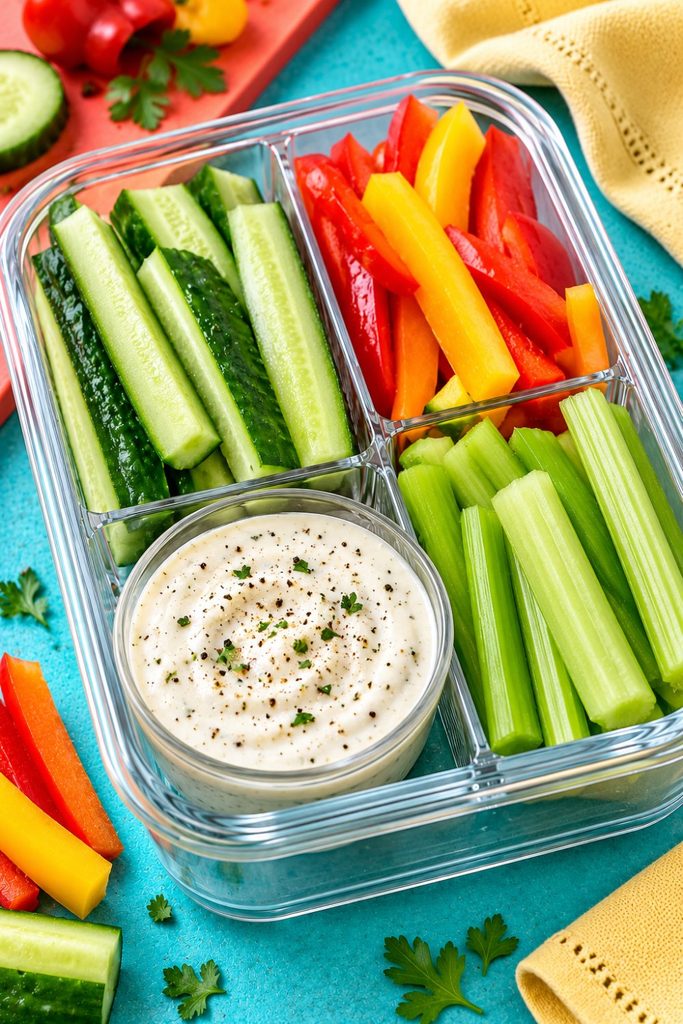 Keto veggie and dip snack box with cucumber sticks, bell pepper strips, celery, and creamy ranch dip for low-carb meal prep.