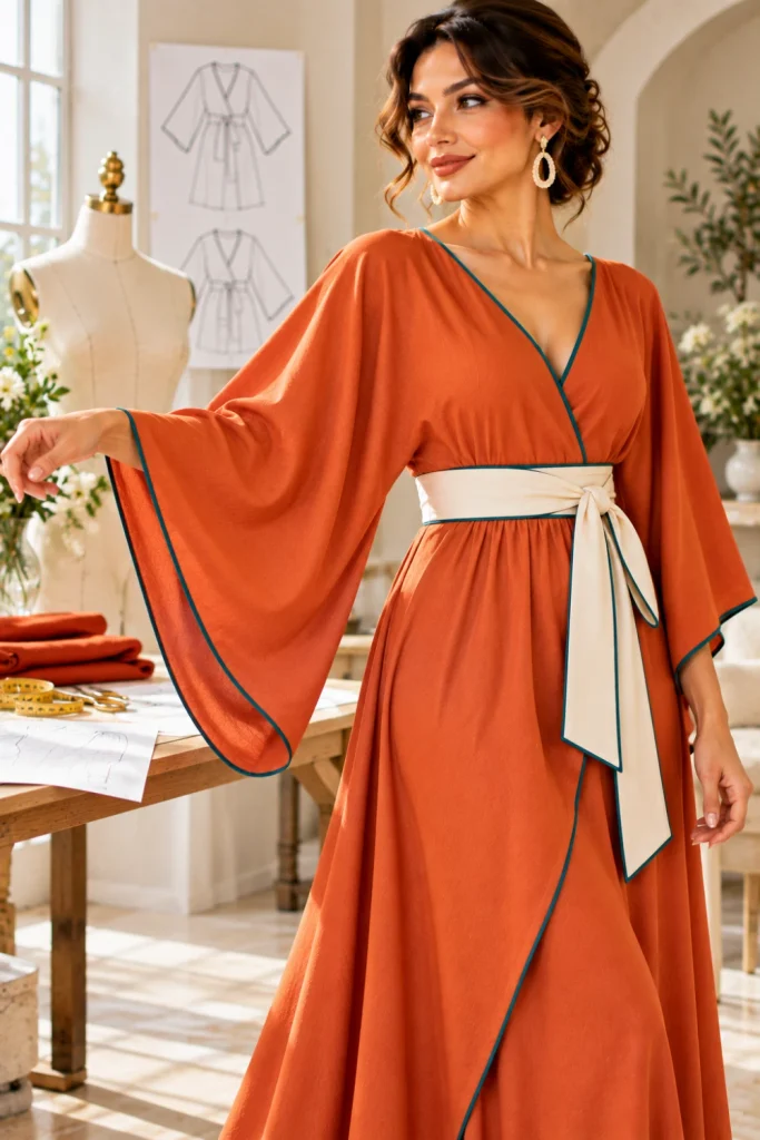 Contemporary terracotta kimono-sleeve dress with flowing wide sleeves, a cream waist belt, V-neckline, and relaxed elegant silhouette in a modern interior.
