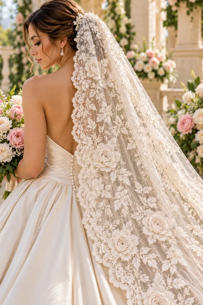 Timeless ivory lace floral bridal veil with intricate scalloped edges and embroidered roses styled with an elegant satin wedding gown and classic bridal hairstyle.