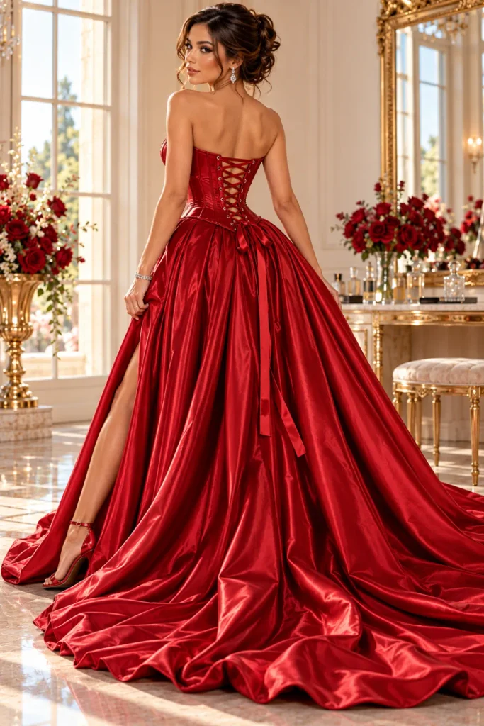 Lace-up corset gown in cherry-red satin featuring a structured bodice, elegant ribbon-laced back, sculpted waist, and dramatic floor-length skirt inspired by Y2K glamour.