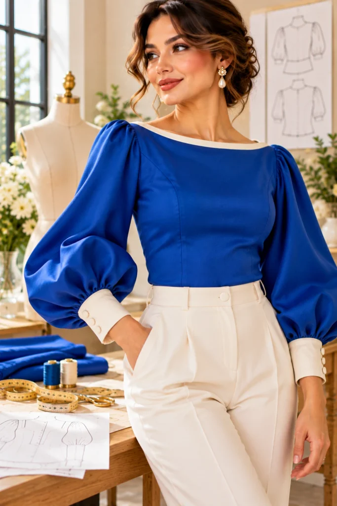 Contemporary sapphire-blue blouse with sculptural rounded lantern sleeves, ivory neckline, and cuffs, photographed in a bright modern sewing studio with realistic fabric and stitching details.