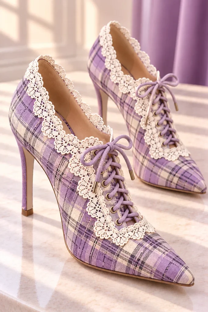 Lavender plaid lace-up high heels with romantic white scalloped lace trim, pointed toes, delicate matching laces, and feminine vintage-inspired details.