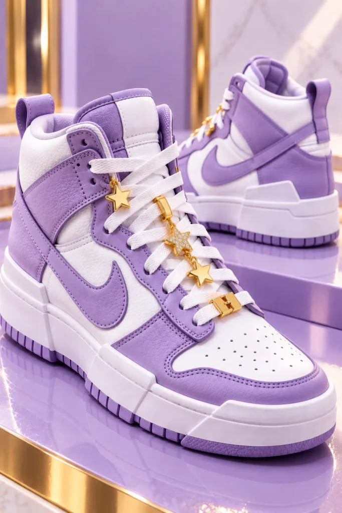 Lavender and white Nike Dunk High Disrupt sneakers featuring tiny gold star lace charms, pastel purple leather overlays, chunky white soles, and a playful contemporary design.