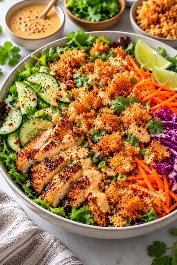 Mouthwatering leftover rice crispy salad made with golden crunchy rice clusters, fresh greens, cucumber, cabbage, carrots, chicken or tofu, herbs, lime, and creamy cashew dressing.
