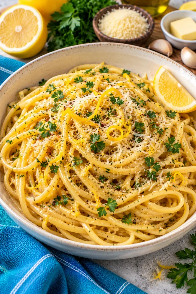 Lemon butter Parmesan sauce coating linguine with fresh lemon zest, garlic, grated Parmesan, parsley, and cracked black pepper, an easy lemon pasta sauce recipe for a bright, flavorful dinner.