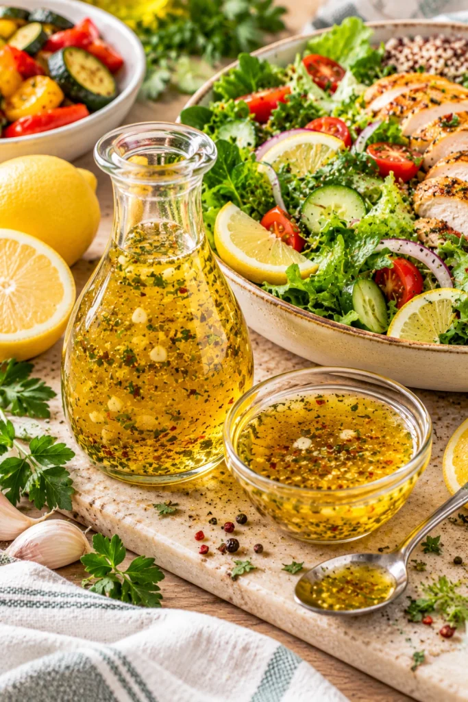 Lemon Garlic Italian Dressing in a clear glass jar with olive oil, garlic, herbs, lemon wedges, and a colorful fresh salad of greens, tomatoes, cucumbers, roasted vegetables, and chicken.