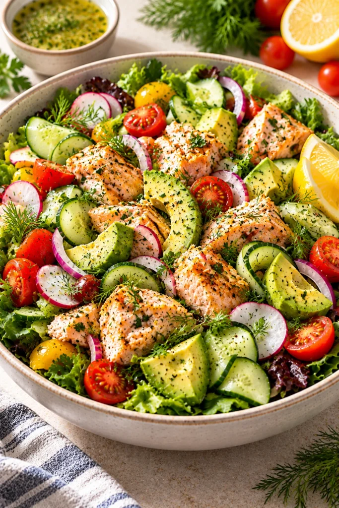 Lemon herb salmon avocado cucumber salad with flaky salmon, mixed greens, cucumber, avocado, tomatoes, radish, fresh herbs, and light lemon dressing.