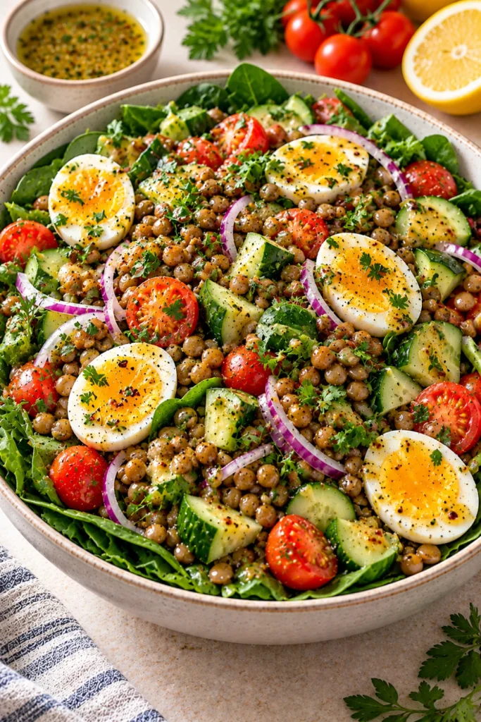 Lentil egg and spinach power salad with tender lentils, boiled eggs, baby spinach, cucumber, tomatoes, red onion, fresh herbs, and mustard vinaigrette.