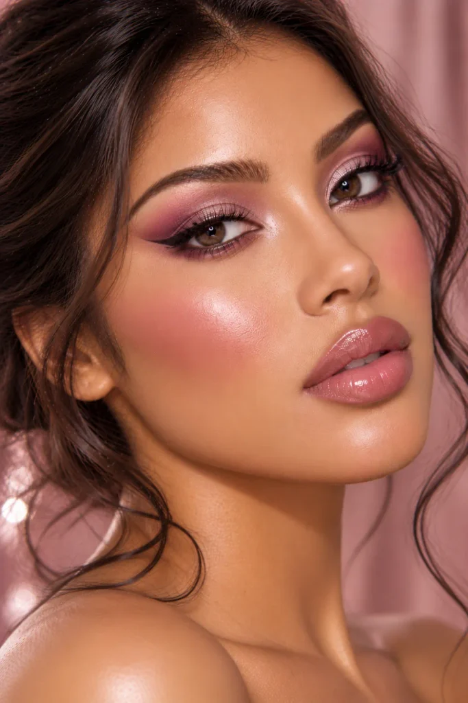 Lifted mauve cat-eye glam makeup with elongated mauve eyeshadow, delicate winged eyeliner, lifted lashes, sculpted rosy cheeks, and glossy rose-nude lips.