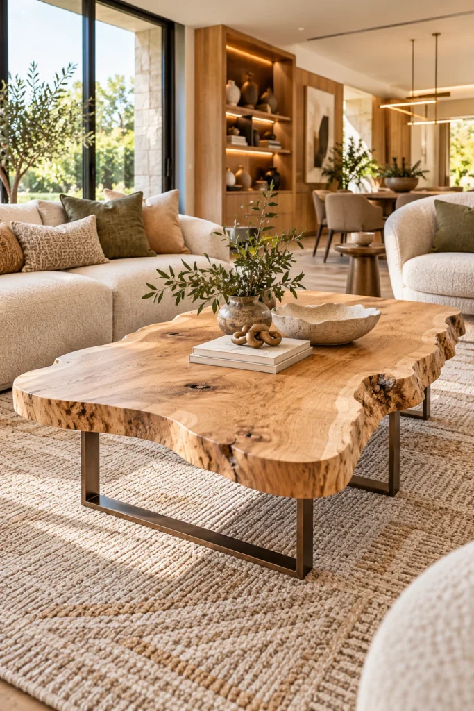 Light oak live-edge coffee table with a slim dark metal base in a bright, organic, modern style