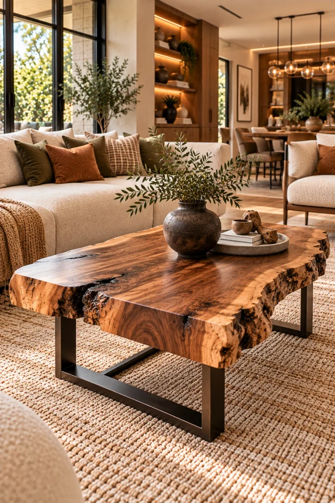 Live-edge wood coffee table with dark metal legs in a sophisticated organic modern living room with black architectural accents, cream seating, natural fibers, textured rug, and warm decor
