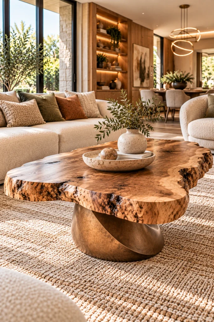 Live-edge coffee table with sculptural pedestal base in a luxury organic modern living room with warm neutral walls, soft textiles, textured rug, organic accessories, and contemporary furniture