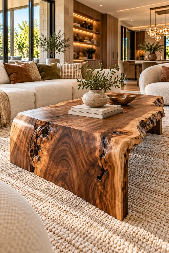 Live-edge waterfall coffee table in a luxurious organic modern living room with neutral sectional, textured rug, architectural decor, warm lighting, and natural timber